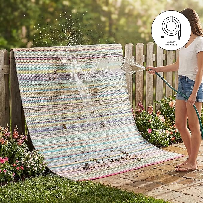 Fab Habitat Outdoor Rug - Waterproof, Fade Resistant, Crease-Free - Premium Recycled Plastic - Striped - Patio, Deck, Porch, Balcony, Laundry Room - Cancun - Candy - 4 x 6 ft