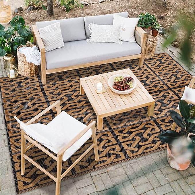SAND MINE Reversible Mats, Plastic Straw Rug, Modern Area Rug, Large Floor Mat and Rug for Outdoors, RV, Patio, Backyard, Deck, Picnic, Beach, Camping, Trailer, Black & Brown, 5' x 8'