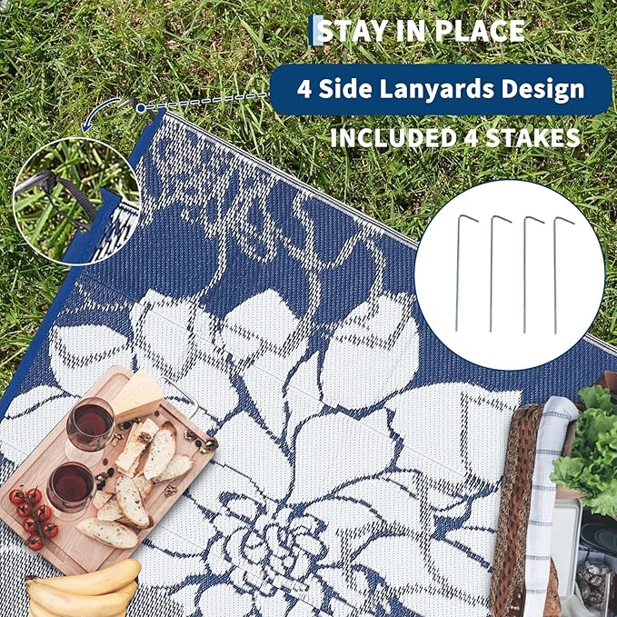 COZYLOOM Outdoor Rug 8x10 Patio Rugs Waterproof Plastic Straw Rug Reversible UV Resistant Camping Mat, Foldable Lightweight RV Picnic Mat with Portable Bag, Modern Floral Outdoor Carpet for Yard, Navy