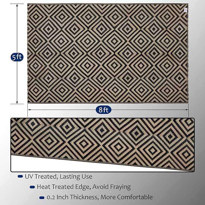 Reversible Mats, Outdoor Patio Rugs, Plastic Straw Rug, Modern Area Rug, Floor Mat for Outdoors, RV, Patio, Backyard, Deck, Picnic, Beach, Trailer, Camping (Diamond Black & Beige, 5' x 8')