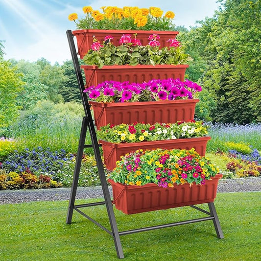 Homdox 5-Tier Elevated Garden Bed- Freestanding Vertical Raised Bed for Gardening, 5 Garden Planter Boxes and 5 Hooks, Perfect to Grow Vegetables Herbs Flowers Indoor(Brick Red)