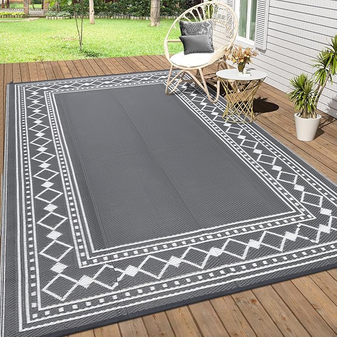8x10 Outdoor Rug,Waterproof Geometric Plastic Straw Carpet,Easy Cleaning Folding Uv Resistant Picnic Camping Mat,Lightweight Outdoor Carpet,Grey/White