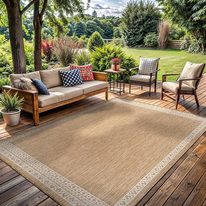 Washable Outdoor Rug 9x12 Modern Area Rugs Outdoor Carpets Bordered Pattern Non Shedding Waterproof Easy Clean Patio Deck Porch Living Room Bedroom Garden RV (9 X 12 Natural)