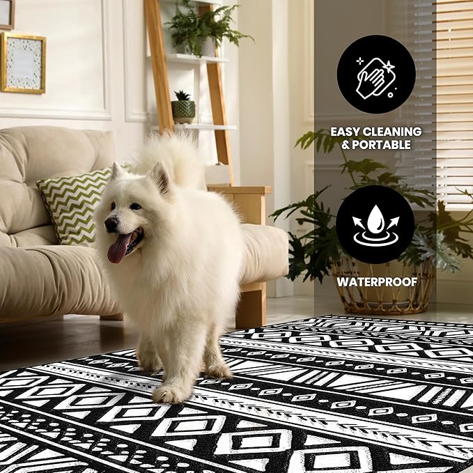 Utopia Home Waterproof Outdoor Rug for Patio 6 x 9 ft, Reversible Plastic Straw Mat for Camping, Picnics, Balcony, Patio, Aztec - Black & White