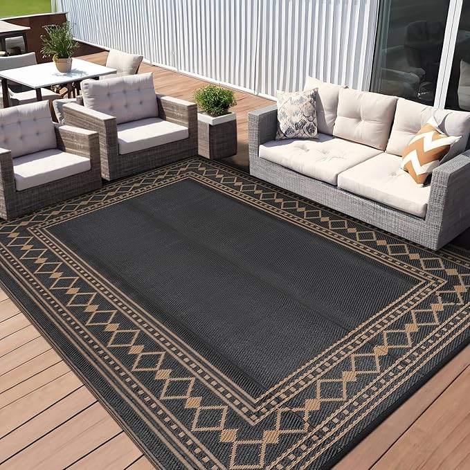 Garvee Outdoor Rug 9x18 ft, Patio Plastic Straw Rug Waterproof Reversible Patio Mat, Large Plastic Straw Rug for RV, Camping, Deck, Balcony, Easy Clean & Portable,Dark Brown