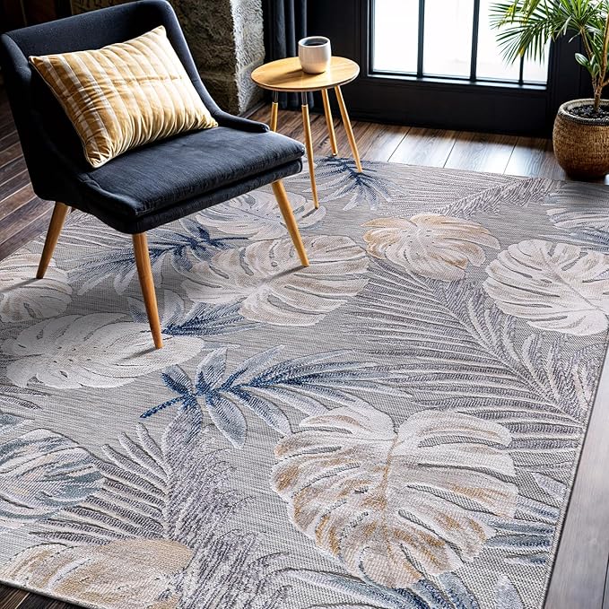 CAMILSON Indoor Outdoor Rug, Blue 4x6 Leaf Tropical Botanical Area Rugs for Indoor and Outdoor patios, Easy-Cleaning Non-Shedding Living Room, Garden and Kitchen Washable Outside Carpet (4 x 6)