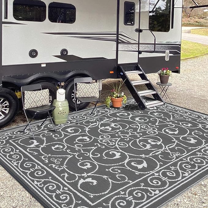 MilleLoomi Outdoor Rug 8x10 Waterproof Patio Rugs Vintage Reversible Mat for Front Door Rv Foldable Plastic Straw Carpet for Travel Trailers, Deck, Picnic, Porch, Camper, Balcony, Beach，Grey