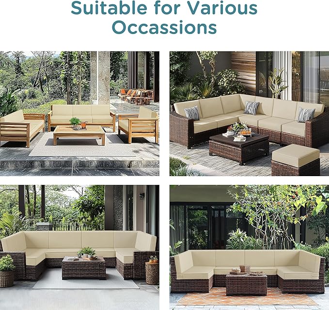 Codi 14-Piece Outdoor Cushions for Patio Furniture, 6 Seat (25.6'' x 25.6'') Waterproof Replacement Cushion Set - High-Density Foam, UV Resistant, Fits Wicker & Rattan Sectional Sofas Beige