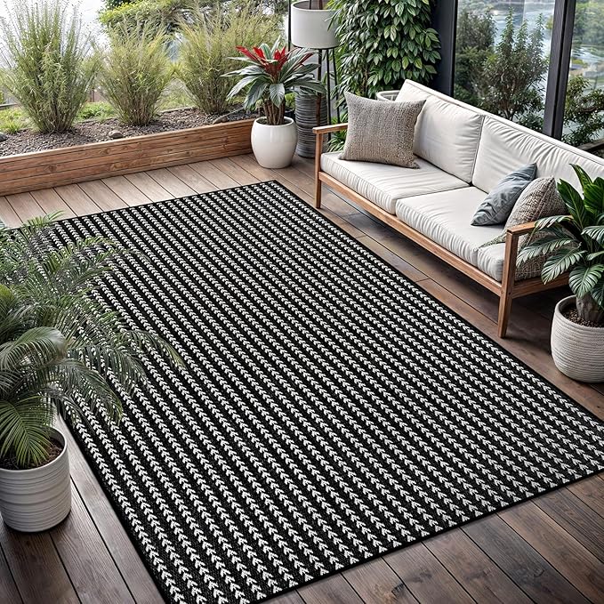 Washable Outdoor Rug 9x12 Modern Area Rugs Outdoor Carpets Striped Pattern Non Shedding Waterproof Easy Clean Patio Deck Porch Living Room Bedroom Garden RV (9 X 12 Black)