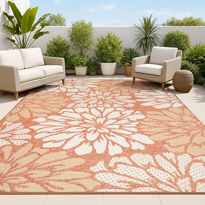 JONATHAN Y Floral Textured Weave Indoor Outdoor Area Rug 4X6 Orange/Cream, Zinnia Modern for Backyard, Patio, Porch, Easy-Cleaning, High Traffic, Pet-Friendly, Non-Shedding (SMB110E-4)