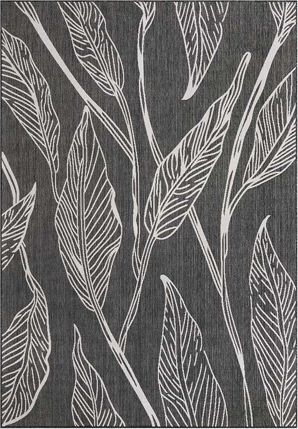 Unique Loom Outdoor Botanical Collection Area Rug - Leaf (7' 1" x 10' Rectangle, Ivory Charcoal)