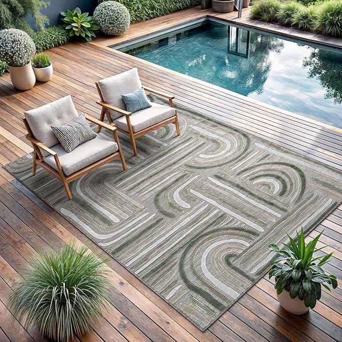 CAMILSON Indoor Outdoor Rug, Beige 9x12 Geometric Arch Striped Large Area Rugs for Patio and Home Areas, Easy-Cleaning Non-Shedding Living Room, Garden and Deck Washable Outside Carpet (9 x 12)