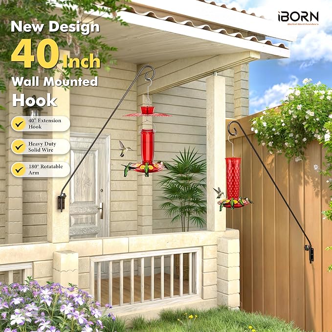 iBorn Wall Mount Deck Hook, 40" Squirrel Proof Bird Feeder Pole, Heavy Duty Extended Reach Wall Mounted Deck Hook Wall Pole, 180° Rotatable Arm, Solid Wire, Pack of 2