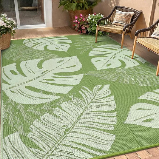 Waterproof Plastic Straw Outdoor Rug 9x18 Patio Reversible UV Resistant Foldable Camping Carpet Modern Leaf Print Large Outdoor Rugs for Deck, Picnic, Porch, Camper, Balcony, Beach，Green