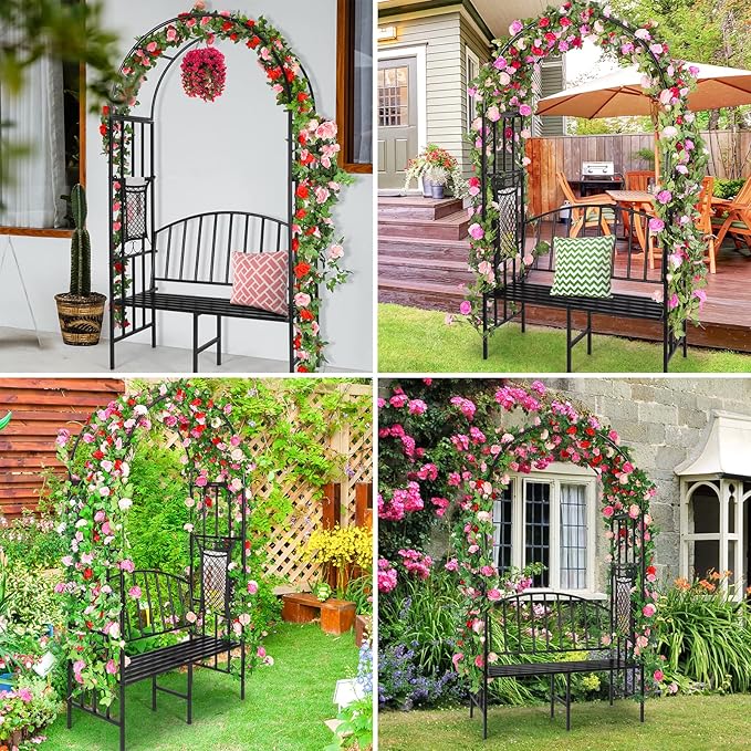 Garden Arch Heavy Duty Arbor with Bench Holds 660lbs | Metal Arbor Archway for Climbing Plant & Two People Seat Bench |Outdoor Lawn Backyard Decor, Black