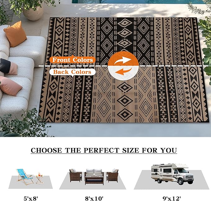 Wallona Outdoor Rugs 8x10 ft Patio Waterproof Clearance Indoor Outdoor Large Carpet for Patio Plastic Straw Reversible Area Rugs Mat for RV, Camping, Balcony, Beach, Picnic, Porch, Boho Black & Brown