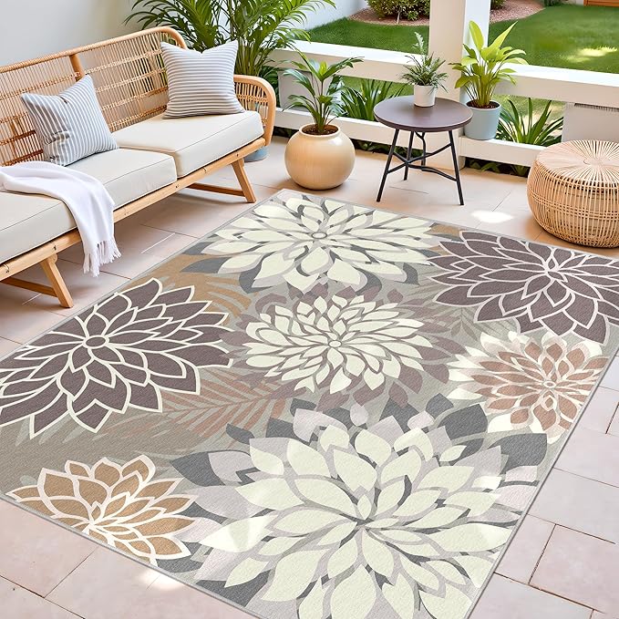 6x9 Outdoor Area Rug Washable Multicolored Patio Rug Tropical Botanical Floral Chenille Waterproof Outdoor Carpet Non-Slip for Patio, Deck, Backyard, Porch, Taupe