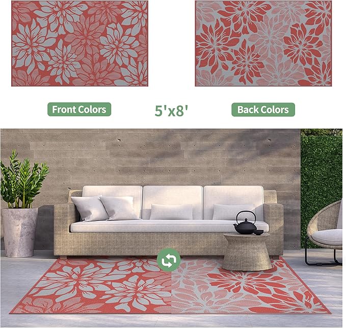 GENIMO Outdoor Rug Waterproof for Patio Decor, 5' x 8' Reversible Plastic Straw Floral Camping Carpet, Large Area Rugs Mats for RV, Camper, Deck, Balcony, Porch, Beach, Picnic, Red & Grey