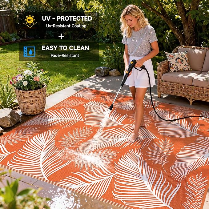 Pauwer Waterproof Outdoor Rug 9x12, Reversible Plastic Straw Patio Camping Rug, Indoor Outdoor RV Mat Carpet for Deck, Camper, Porch, Balcony, Backyard, Picnic, Leaf Orange
