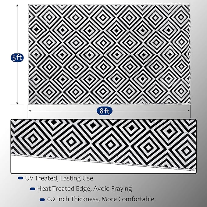 Reversible Mats, Outdoor Patio Rugs, Plastic Straw, Modern Area Rug, Floor Mat, RV, Patio, Backyard, Deck, Picnic, Beach, Trailer, Camping (Diamond Black & White, 5' x 8')