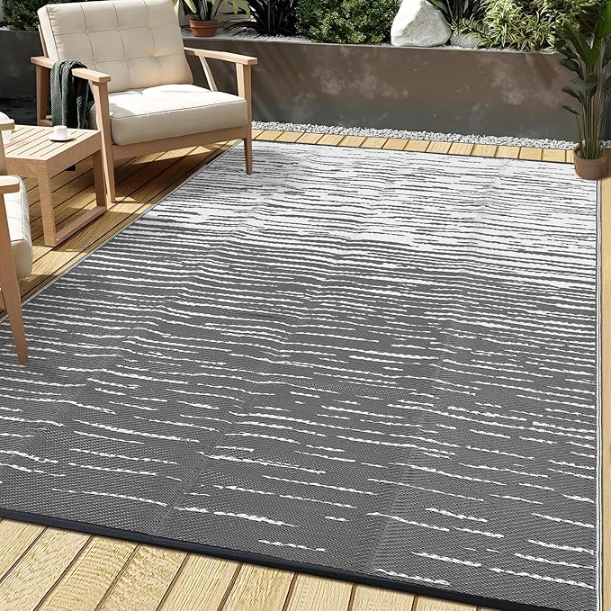 Outdoor Rug 6x9 Waterproof Patio Rugs Abstarct Line Reversible Mat for Front Door Rv Foldable Plastic Straw Carpet for Travel Trailers, Deck, Picnic, Porch, Camper, Balcony, Beach，Grey