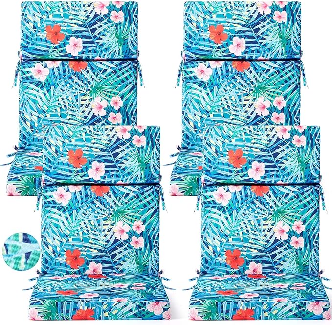 4 Pack Outdoor High Back Chair Cushion, 44 x 20 inches Patio Chair Cushions Waterproof Rocking Cushions Indoor Furniture Seat Pad, Weather Resistant (Plants,Blue)
