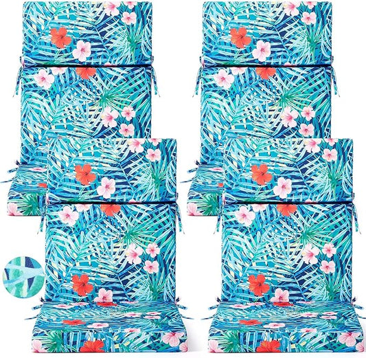 4 Pack Outdoor High Back Chair Cushion, 44 x 20 inches Patio Chair Cushions Waterproof Rocking Cushions Indoor Furniture Seat Pad, Weather Resistant (Plants,Blue)