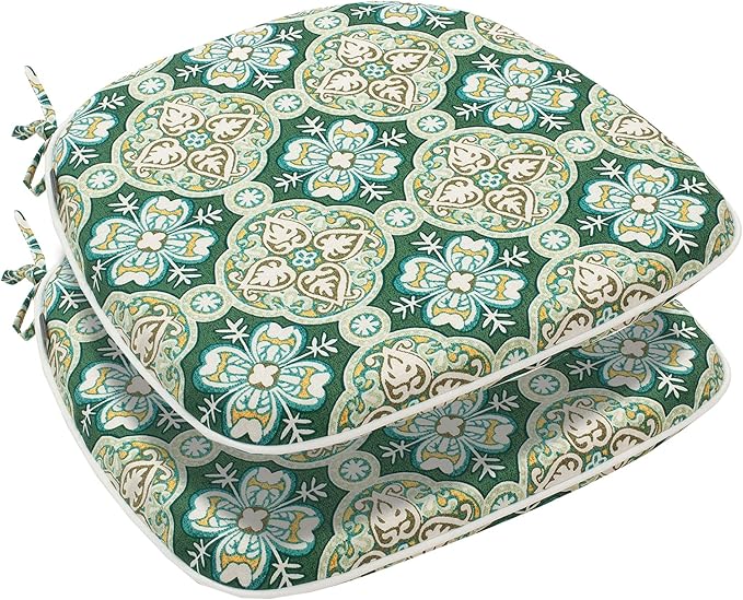 FUNHOME Outdoor Chair Cushions Set of 2, Water-Repellent Patio Seat Cushions D16xW17 Inch, Round Corner Patio Chair Pads with Tie, Seat Cushions for Furniture Garden Office Decoration, Green Medal