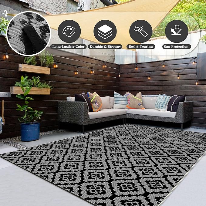 Wallona Outdoor Rugs 9x12 ft Patio Waterproof Clearance Indoor Outdoor Large Carpet for Patio Plastic Straw Reversible Area Rugs Mat for RV, Camping, Balcony, Beach, Picnic, Porch, Brick Black & Grey