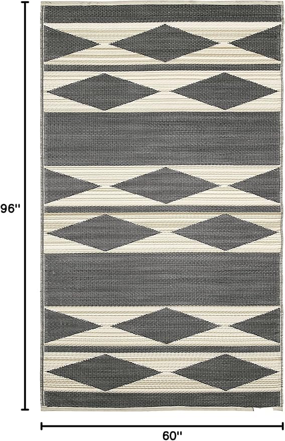 Fab Habitat Outdoor Rug - Waterproof, Fade Resistant, Crease-Free - Premium Recycled Plastic - Neutral Geometric Tribal - Patio, Porch, Deck, Balcony - Cairo - Natural & Black - 5 x 8 ft