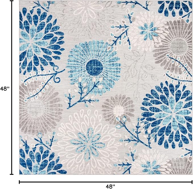 SAFAVIEH Washable Rug Outdoor Cabana Collection - 4' Square, Grey & Blue, Non-Shedding & Easy to Clean, Ideal for Patio, Backyard, Mudroom (CBN832F)