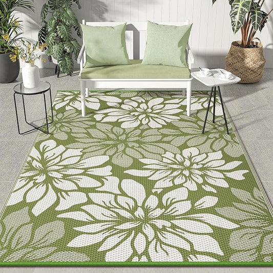 GENIMO Outdoor Rug Waterproof for Patio Decor, 6' x 9' Reversible Plastic Straw Floral Camping Carpet, Large Area Rugs Mats for RV, Camper, Deck, Balcony, Porch, Beach, Picnic, Green & Beige