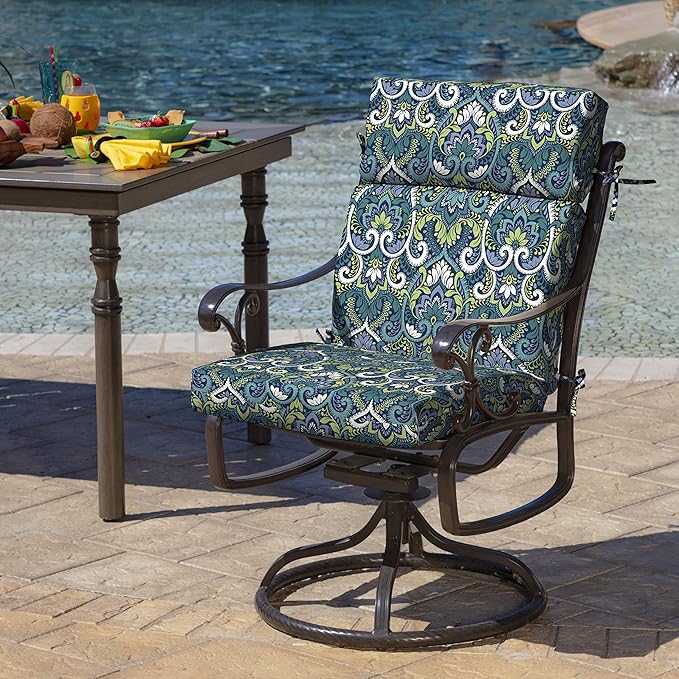 Arden Outdoor Chair Cushion, 21 x 20, Rain-Proof, Fade Resistant Sapphire Aurora Blue Damask