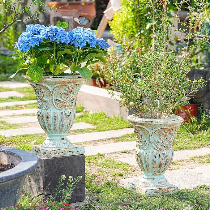 Sungmor Vintage Resin Trophy Planter, 13 Inch Embossed Design Garden Urn with Drainage Hole, Decorative Plant Pot Indoor Outdoor Plant Container, Shabby Chic Flower Vase Home Decor