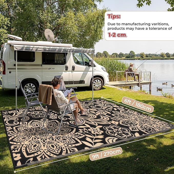 Findosom Waterproof Outdoor Rug 6' x 9' - Reversible Mandala Outdoor Plastic Straw Rug, Durable Foldable Patio Rug for RV, Deck, Balcony, Backyard, Picnic, Porch, Camping, Beach, Black