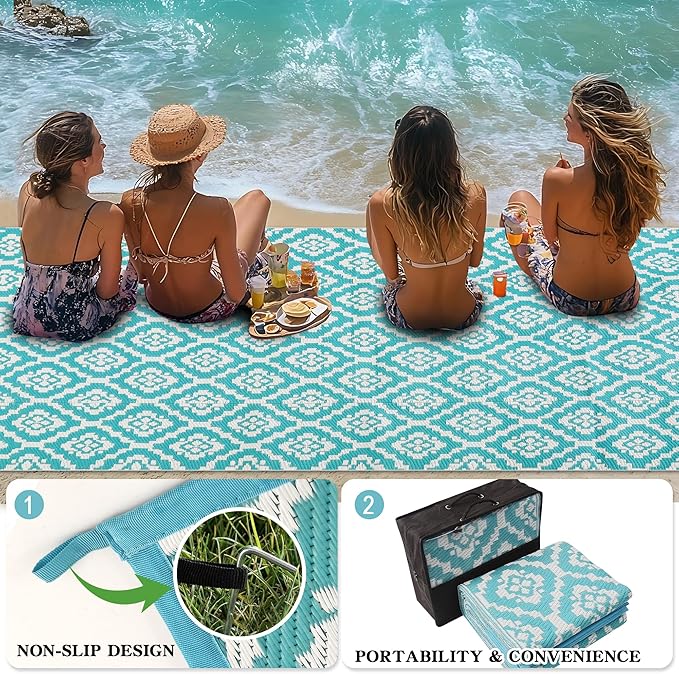 Wallona Outdoor Rugs 8x10 ft Patio Waterproof Clearance Indoor Outdoor Large Carpet for Patio Plastic Straw Reversible Area Rugs Mat for RV, Camping, Balcony, Beach, Picnic, Porch, Brick Teal & White