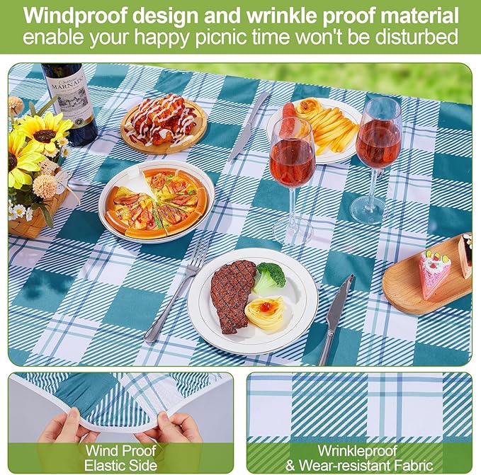Picnic Table Cover with Bench Covers 6FT 3 Pcs Waterproof Windproof Aesthetic Camping Tablecloth with Drawstring Bag, Fitted for 6 Foot Rectangle Tables and Seats, 72 inch, Teal Checkered