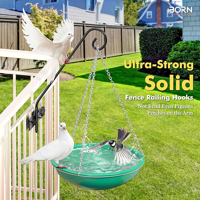 iBorn Fence Deck Hook Rail Hook Heavy Duty Bird Feeder Pole 13 Inch Solid Wire Deck Hanger Suitable for Hanging Flower Baskets Wind Chimes Planters Bird Feeders Lights, 180 Degree Swivel, 2 Pack