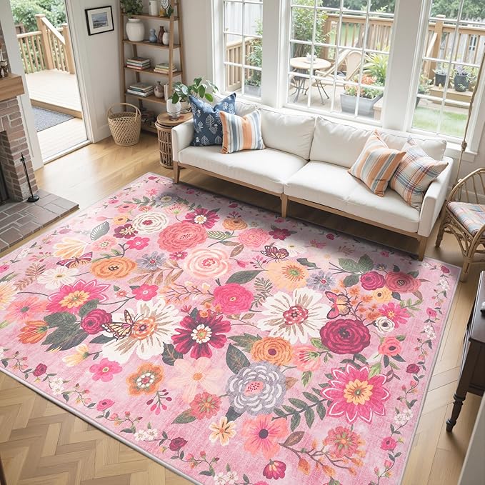 Pink Floral Girls Room Rug 5x8, Non-Slip Washable Rugs for Bedroom Living Room Nursery Kitchen Dining Room Indoor, Ultra-Thin Soft Stain Resistant Girls Room Decor(5 x 8, Pink Garden)