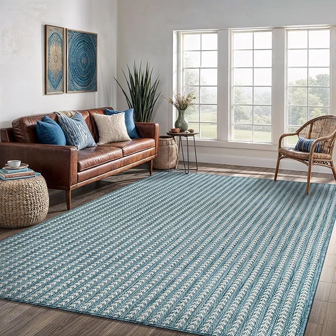 Washable Outdoor Rug 8x10 Modern Area Rugs Outdoor Carpets Striped Pattern Non Shedding Waterproof Easy Clean Patio Deck Porch Living Room Bedroom Garden RV (8 X 10 Aqua)
