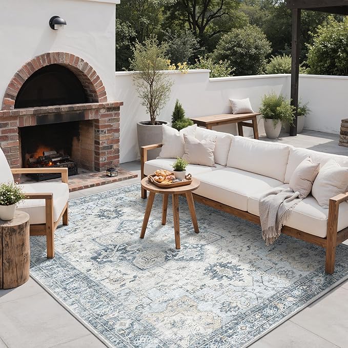 GENIMO Outdoor & Indoor Area Rug 5'x8', Waterproof, Non-Shedding, Easy Cleaning, Boho Mat for Patio, Living Room, Balcony, Dining Room, RV, Deck, Bedroom, Camping, Outside Carpet,Blue