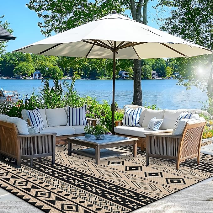 Wallona Outdoor Rugs 8x10 ft Patio Waterproof Clearance Indoor Outdoor Large Carpet for Patio Plastic Straw Reversible Area Rugs Mat for RV, Camping, Balcony, Beach, Picnic, Porch, Boho Black & Beige