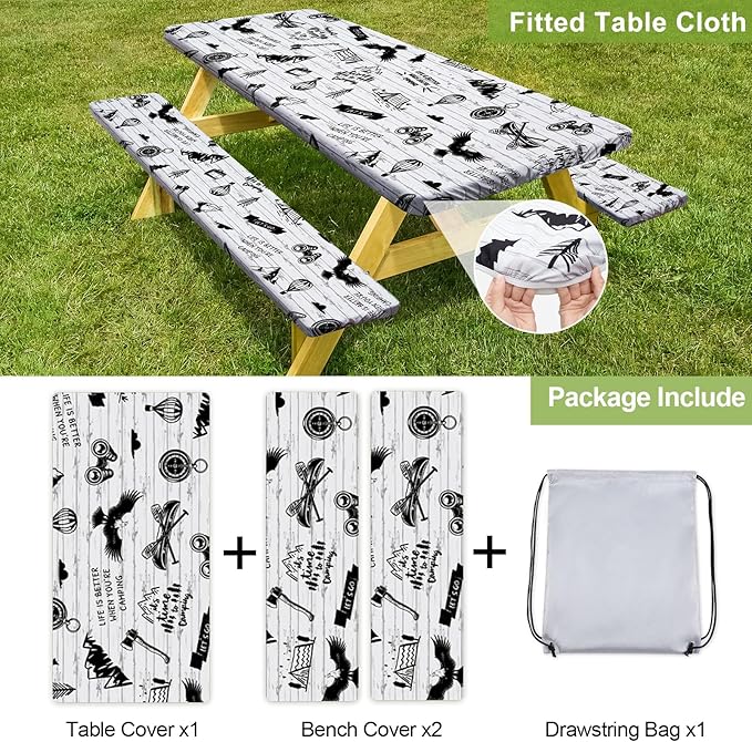 Picnic Table Cover with Bench Covers Camping Essentials Waterproof Windproof Camping Tablecloth with Drawstring Bag, Fitted Rectangle Tables and Seats, 60in, White