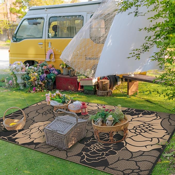 GENIMO Outdoor Rug Waterproof for Patio Decor, 5' x 8' Reversible Plastic Straw Floral Camping Carpet, Large Area Rugs Mats for RV, Camper, Deck, Balcony, Porch, Beach, Picnic, Mix-Black & Brown