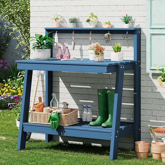 SERWALL Potting Bench Outdoor with Storage, 3-Tier HDPE Gardening Table with Angled Legs & Tool Hooks, All-Weather Heavy Duty Potting Table for Patio, Backyard, Garden, Blue