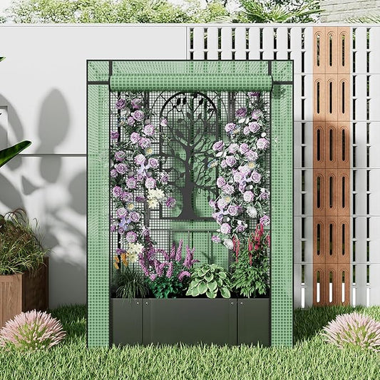 Metal Planter Box with Greenhouse Cover, Raised Garden Bed with Trellis Privacy Screen, 62 inch Tall Planter Boxes for Climbing Plants, Flowers, Vegetables, Fruits, Balcony and Patio Decor (Black)