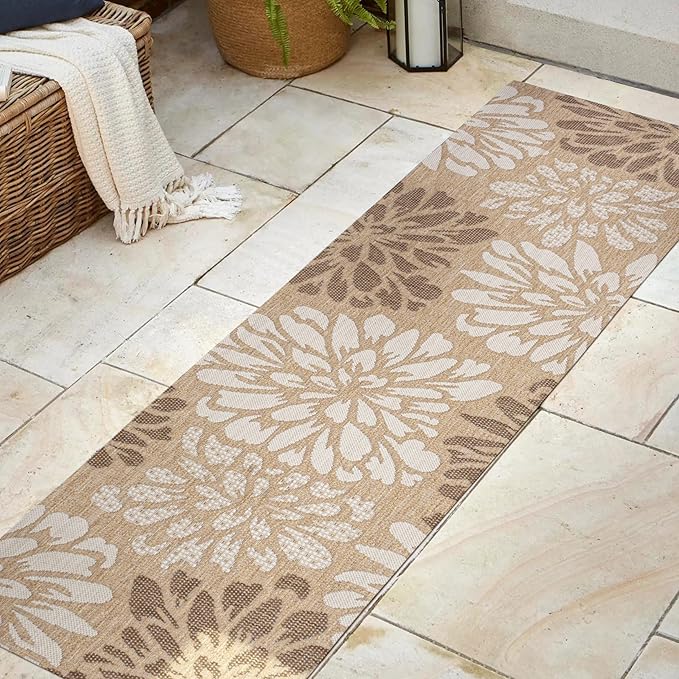 JONATHAN Y Floral Textured Weave Indoor Outdoor Runner Rug 2X8 Brown/Cream, Zinnia Modern for Backyard, Patio, Porch, Easy-Cleaning, High Traffic, Pet-Friendly, Non-Shedding (SMB110I-28)