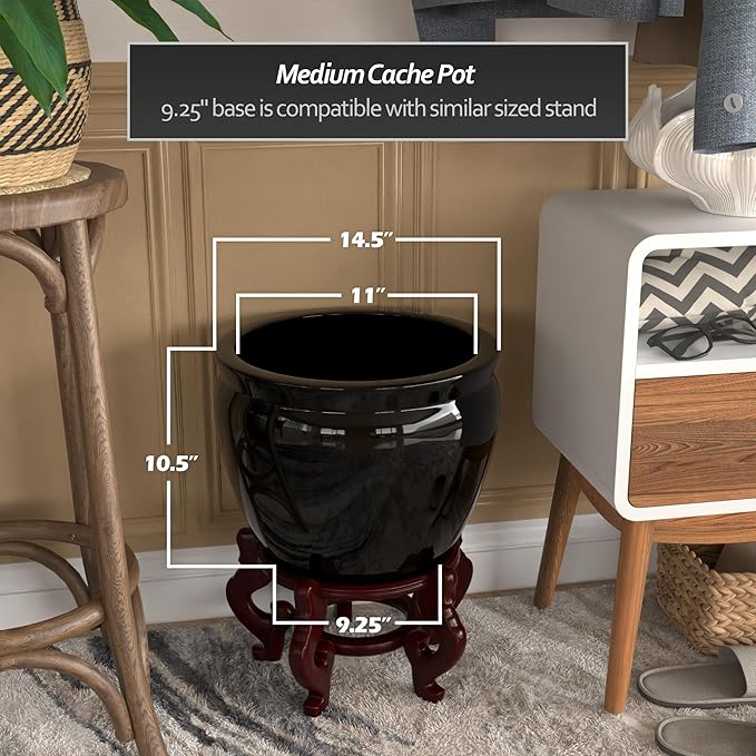 Red Lantern 14" Solid Black Porcelain Fishbowl Planter or Cachepot for Indoor/Outdoor Use in Garden Entryway Living Room Boho Eclectic Modern Contemporary Classic Traditional Style Decor