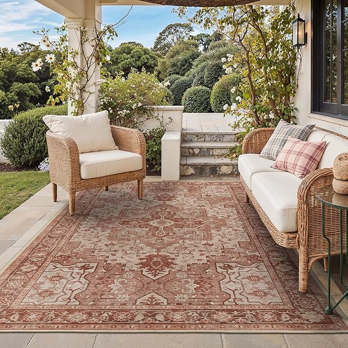 GENIMO Outdoor & Indoor Area Rug 6'x9', Waterproof, Non-Shedding, Easy Cleaning, Boho Mat for Patio, Living Room, Balcony, Dining Room, RV, Deck, Bedroom, Camping, Outside Carpet,Brown Red