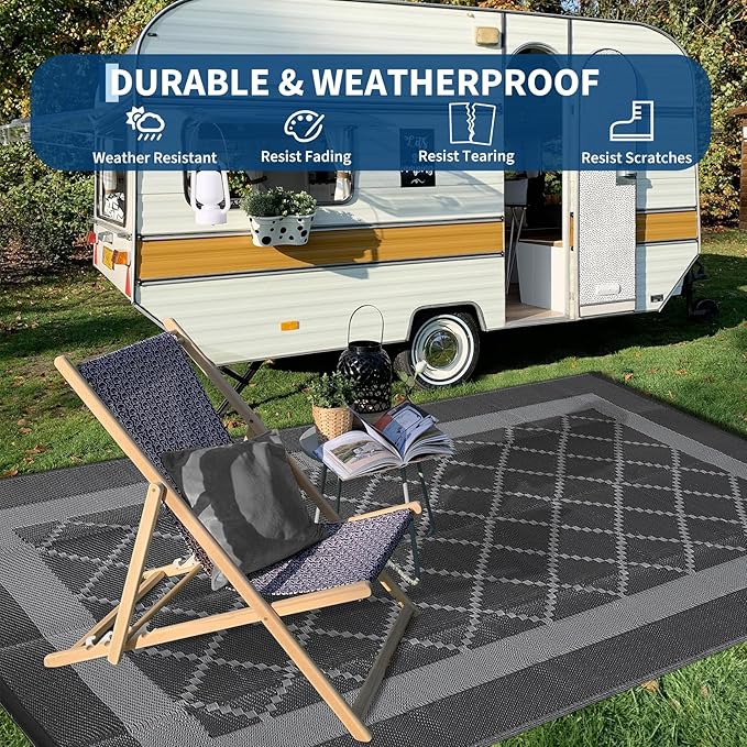 COZYLOOM Outdoor Rug for Patio 9x18 Waterproof Reversible Plastic Straw Mat, Large Black&Grey Modern Area Rug for Deck, Balcony, Camping, Beach, Picnic, Indoor/Outdoor Use